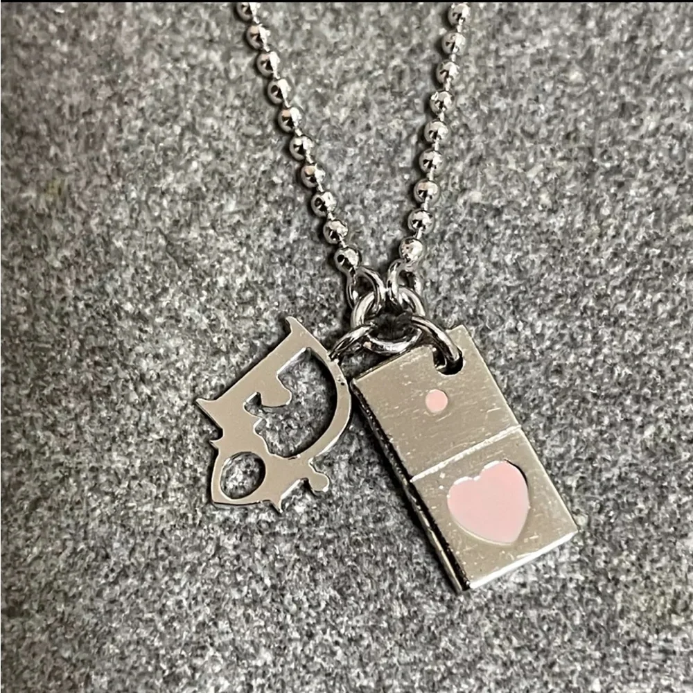 CHRISTIAN DIOR Bracelet Oblique Domino Logo Double Charm Silver Pink + Pouch Bag - Picture 2 of 8